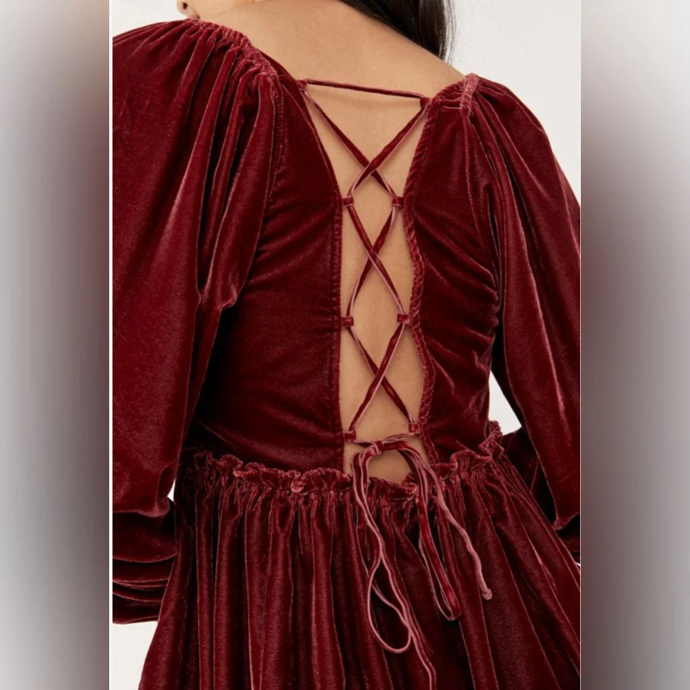Free People Women’s Daphne Boho Velvet Mini Dress in Roan Rouge Sz Small Fall